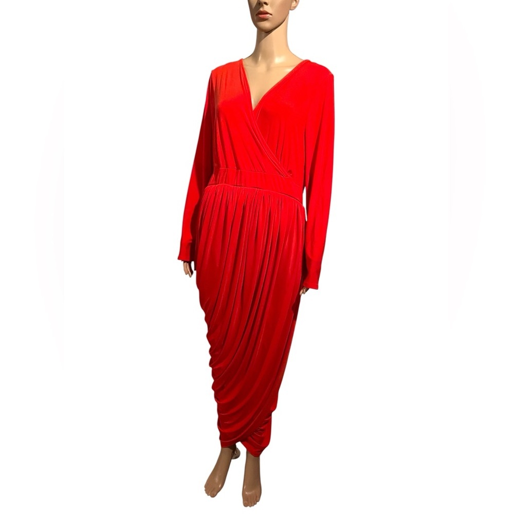 Vintage Y2K ILLord Draped Tulip Wrap Dress Long Sleeve Pull-On Stretch Orange 1X